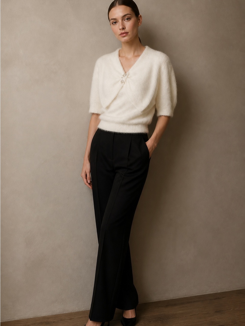 I B DIFFUSION Angora Sweater Dolman Sleeve Ivory Beaded Bow Accent Vintage Top - Picture 4 of 14